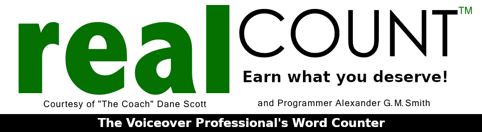 [Logo for RealCount - Earn what you deserve!  Courtesy of "The Coach" Dane Scot and Programmer Alexander G. M. Smith]